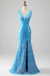 Glitzerndes blaues Meerjungfrauen Kleid mit V-Ausschnitt und Schlitz